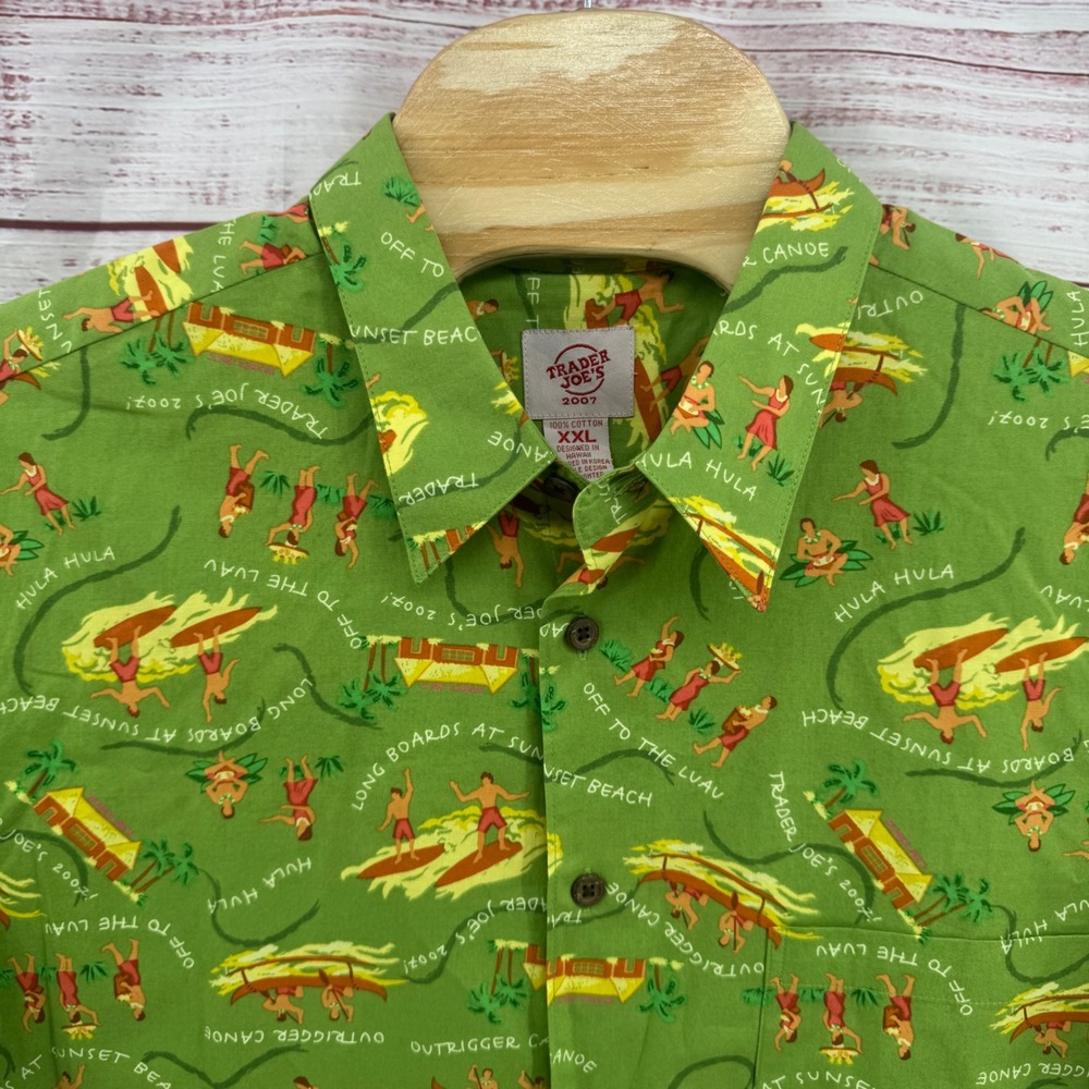 Trader Joes 2007 Hawaiian Shirt Mens‎ 2XL Green Cotton Luau Surf Aloha Button Up